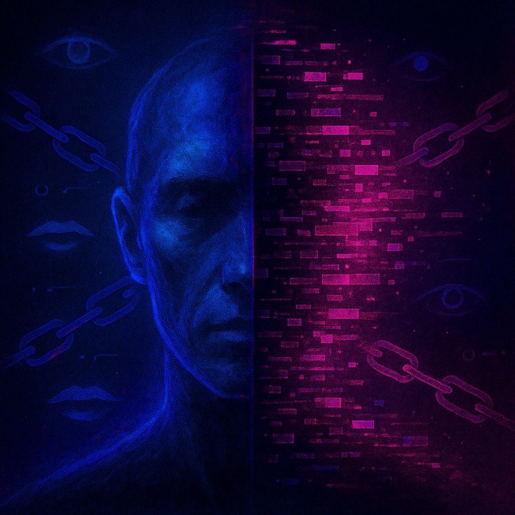 A minimalistic black and white watercolor illustration that evokes the collision between human vulnerability and digital duplication. In the foreground, depict a blurred, indistinct face - part human, part synthetic - split down the middle. The left side should feel organic, suggestive of age and emotion, while the right side morphs into abstract, fragmented data streams dissolving into the background.